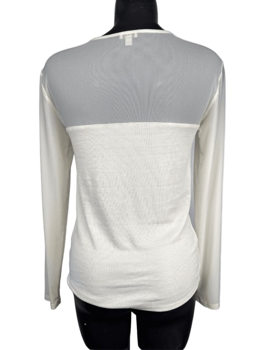 TRISTAN Stretch Knit‎ Sheer Mesh Lace Yoke Long Sleeve Top Ivory White Size L - Picture 2 of 9